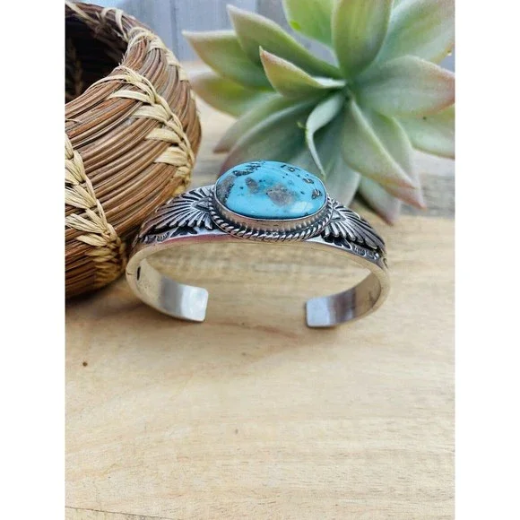 Navajo Sterling Silver & Royston Turquoise Cuff Bracelet Signed - Picture 2 of 8